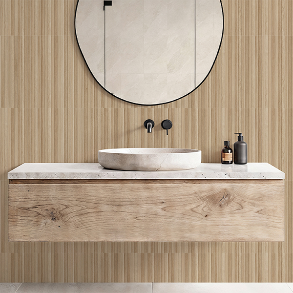 Carrelage mural pour salle de bain imitation bois en pâte rouge - Tindaya - 55 x 33 cm - ép. 8,8 mm - Roble
