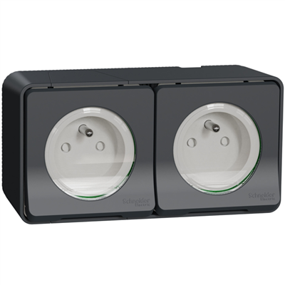 Double prise de courant 2P+T en saillie Schneider Mureva Styl complète - IP55 IK08 - gris anthracite - 16A 250V