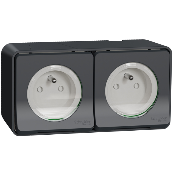 Double prise de courant 2P+T en saillie Schneider Mureva Styl complète - IP55 IK08 - gris anthracite - 16A 250V