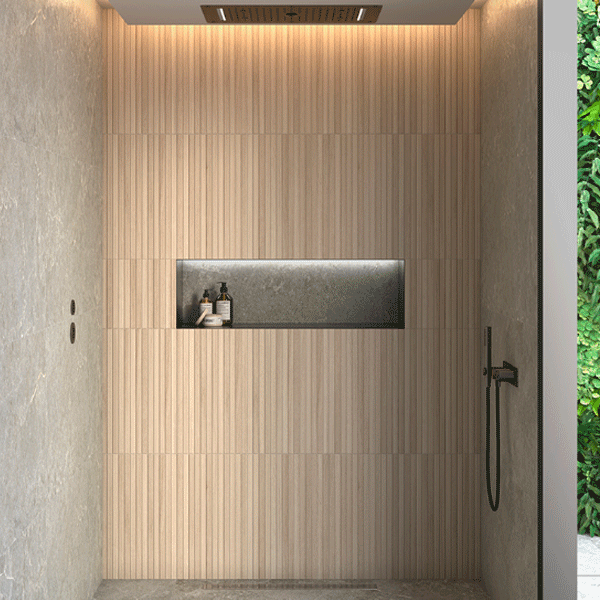 Carrelage mural pour salle de bain imitation bois en pâte rouge - Tindaya - 55 x 33 cm - ép. 8,8 mm - Roble