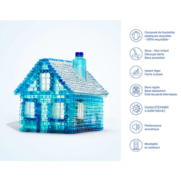Panneau isolant en bouteilles recyclées pour cloison comble mur et plancher - Bref - R 1,30 m².K/W - 1,25 M x 0,60 M - ép. 45 MM