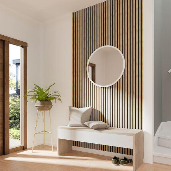 Décoration murale avec tasseaux MDF imitation chêne sur panneau HDF noir - Larg. 28,7 CM x Ép. 2,00 CM - Long. 2,50 M