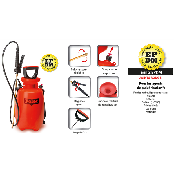 Pulvérisateur Polet 5 L avec joints EPDM buse réglable et valve de pression