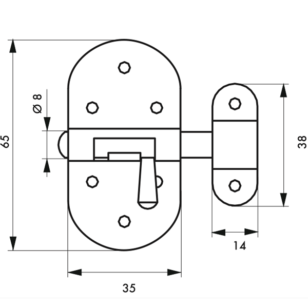 Verrou de meuble à targette Thirard - en acier zingué nickelé - pêne rond - platine 65 x 32 mm