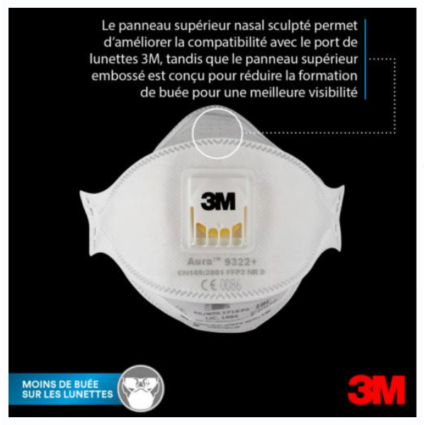 Masque de protection FFP2 pliable 3M Aura 9322+ antipoussière de ponçage -  avec soupape - lot de 10