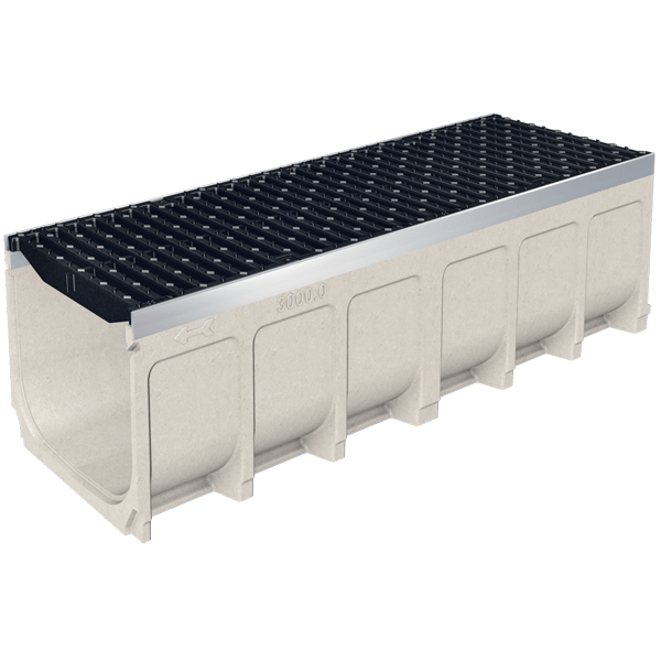 Caniveau en béton polymère MEADRAIN SV 3000 avec feuillures acier galvanisé et grille fonte C250 - Largeur 300,0 mm - Longueur 1 m
