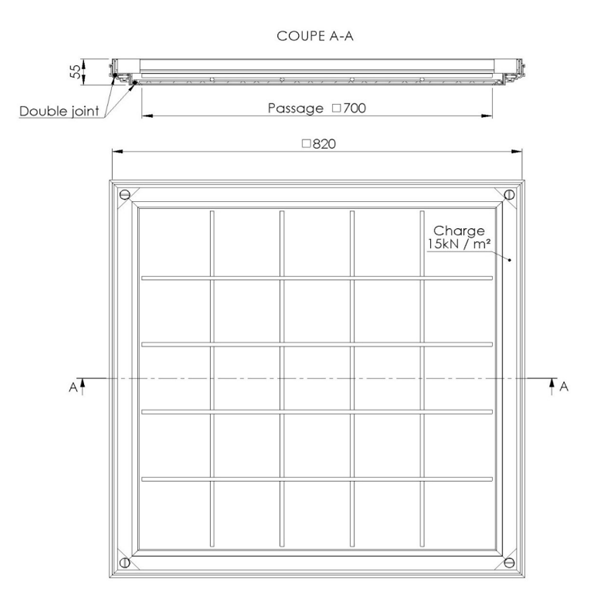 Tampon à remplir de béton ou à paver en aluminium - SOCOLIM TSAD70.55 - Double joint - 820,0 mm x 820,0 mm
