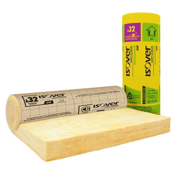 Rouleau laine de verre pour murs maçonnés - GR 32 revêtu Kraft Isover - R=2,35 m².K/W - 8,10 M x 1,20 M - ép.75 MM