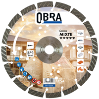 Disque diamant mixte haut de gamme découpe matériaux durs Ø 230 mm Obra - 16 segments - Alésage 22,23 mm