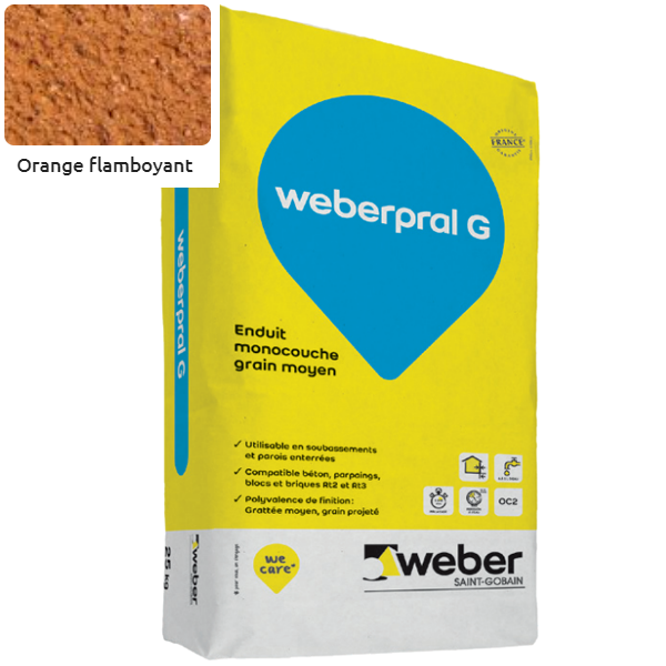 Enduit monocouche lourd et coloré à grain moyen WeberPral G 103 Orange flamboyant - sac de 25 KG