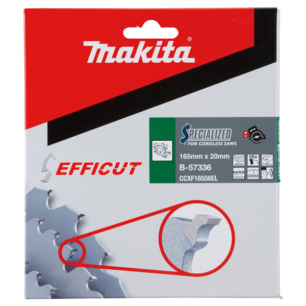 Lame carbure pour scie circulaire sans fil - Efficut Makita - bois MDF et stratifié - 56 dents - ⌀165 mm - alésage 20 mm