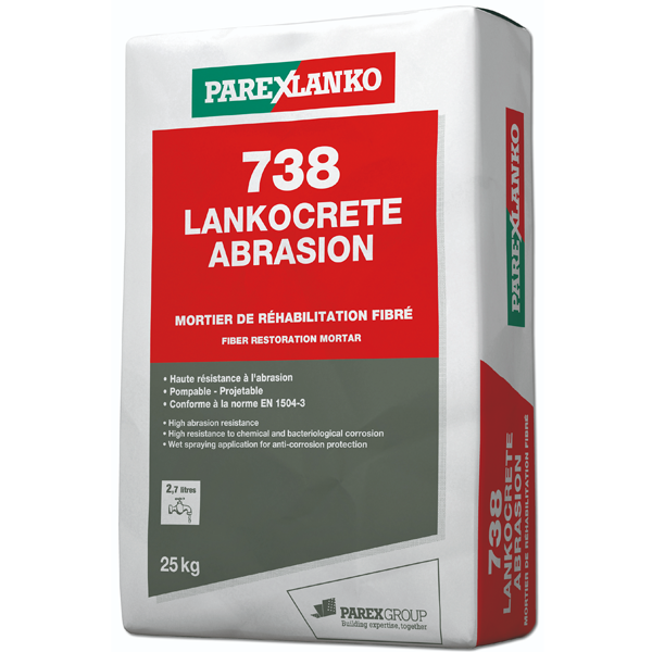Mortier de réhabilitation fibré LANKOCRETE ABRASION 738 - Sac de 25 KG