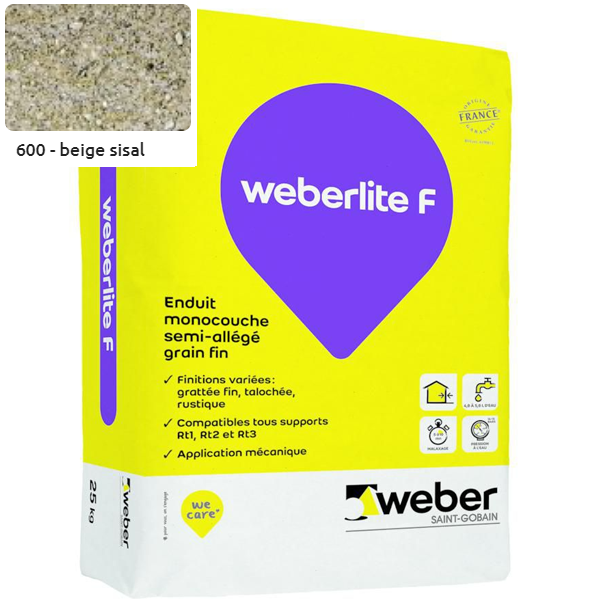 Enduit monocouche semi-allégé et coloré à grain fin WeberLite F 600 Beige sisal - sac de 25 KG