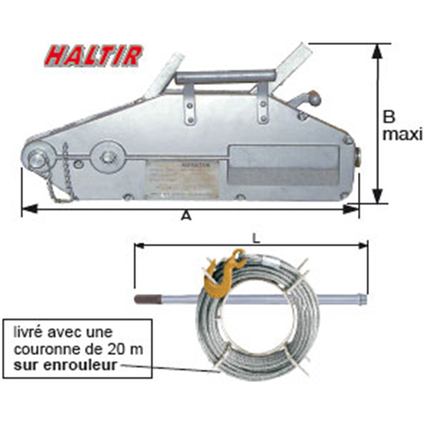 Tireur à câble aluminium 1600 kg + couronne de câble de 20 mètres