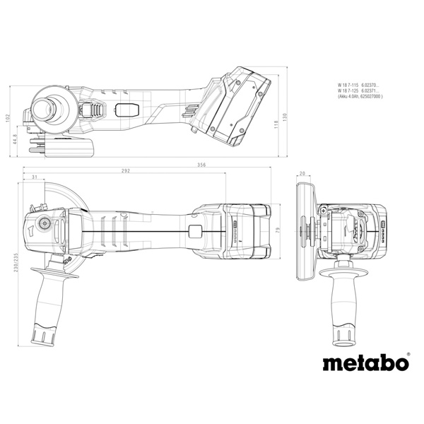 Meuleuse d'angle sans fil 125 mm - Metabo W 18 7-125 - en coffret avec 2 batteries 18V 4 Ah et chargeur