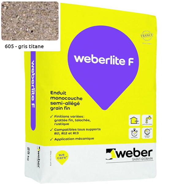 Enduit monocouche semi-allégé et coloré à grain fin WeberLite F 605 Gris Titane - sac de 25 KG