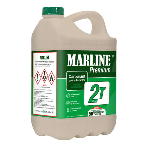 Mélange prêt à l'emploi pour moteurs 2 temps - Marline Premium 2T - Essence Alkylate + huile 2,8% - Bidon de 5 litres