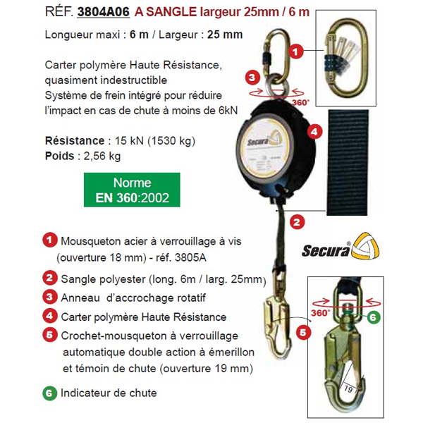Antichute à rappel automatique à sangle de 6 mètres - Levac - Avec mousqueton en acier