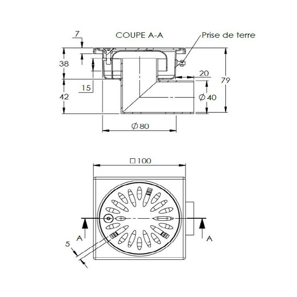 Siphon de douche en inox - cloche avec garde d'eau de 15 mm - 100 x 100 mm - sortie latérale 40 mm