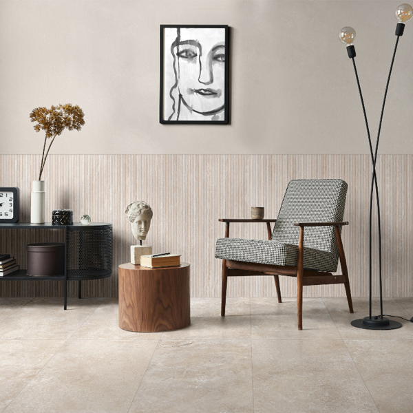 Carrelage intérieur effet travertin en grès cérame rectifié - Realstone Travertino Cross - 120,0 CM x 60,0 CM - ép. 9,00 MM - Bianco