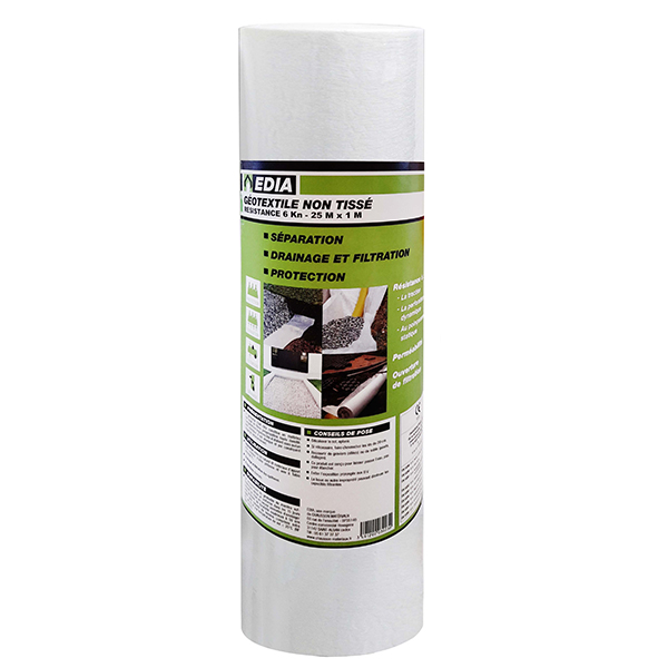 Géotextile non tissé Edia - polypropylène blanc - R. 6 kN - rouleau de 2 M x 50 M