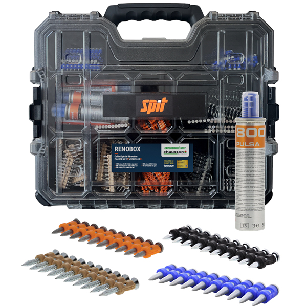 Coffret RENOBOX spécial rénovation avec 2500 clous et 5 cartouches de gaz pour cloueur Pulsa 27/40 Spit
