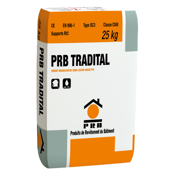 Sous-enduit monocouche semi-lourd grain fin - façades intérieures et extérieures - PRB Tradital -  Gris - sac de 25 KG