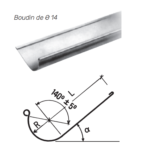 Gouttière Havraise en zinc Naturel VMZINC avec pince et boudin Ø 14 mm - 333 MM - ép. 0,65 MM - 4 M