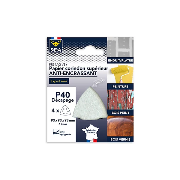 Papier abrasif anti-encrassant à 6 trous SEA en corindon supérieur - delta 93 mm - grain 40 - lot de 4