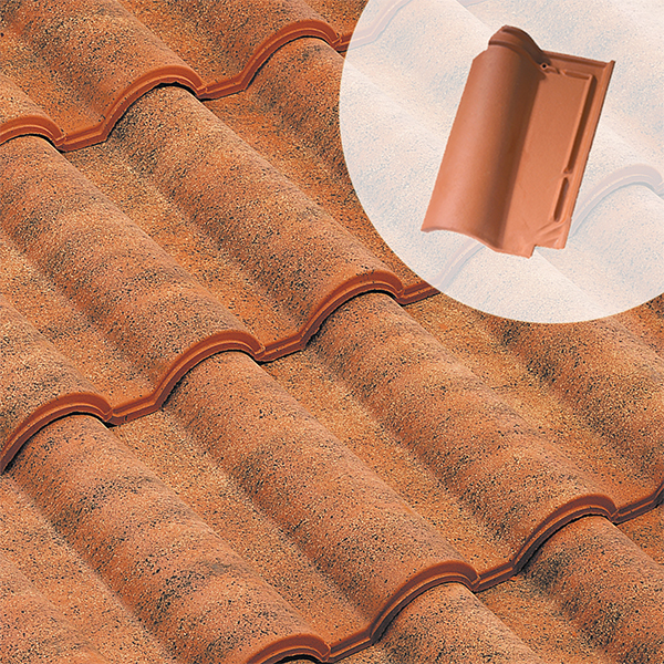 Tuile en terre cuite - Romane Sans - double emboîtement grand moule fortement galbée - Rouge vieilli