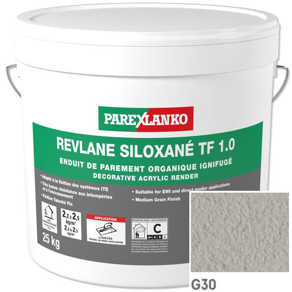Enduit de parement organique ignifugé Parexlanko Revlane Siloxané TF 1.0 G30 Gris souris - Seau de 25,0 KG