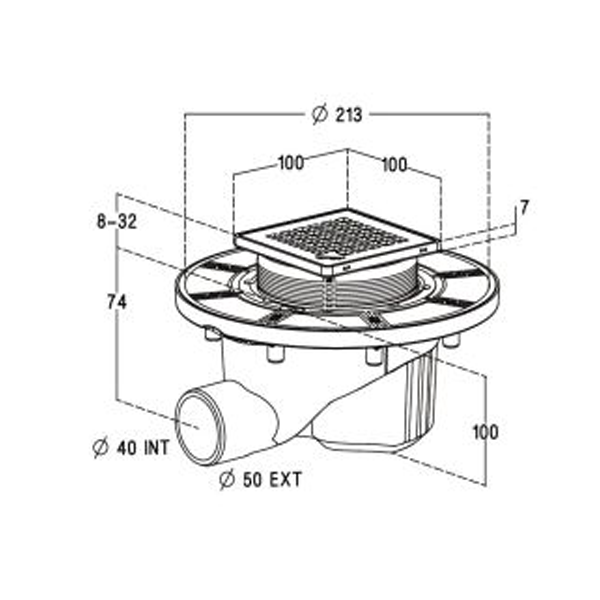 Siphon PVC pour sol carrelé avec grille 10 x 10 cm et cadre en Inox 304 - sortie horizontale ø 40/50 mm