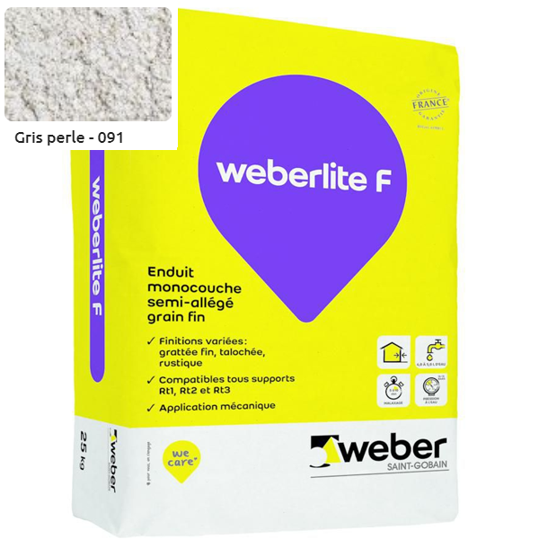 Enduit monocouche semi-allégé et coloré à grain fin WeberLite F 091 Gris perle - sac de 25 KG