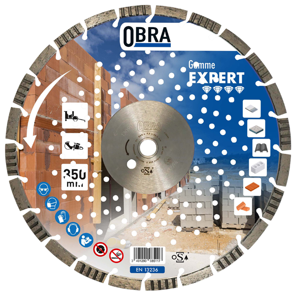 Disque diamant expert pour découpe matériaux durs Ø 350 mm - Obra - 24 segments - Alésage 25,4 mm