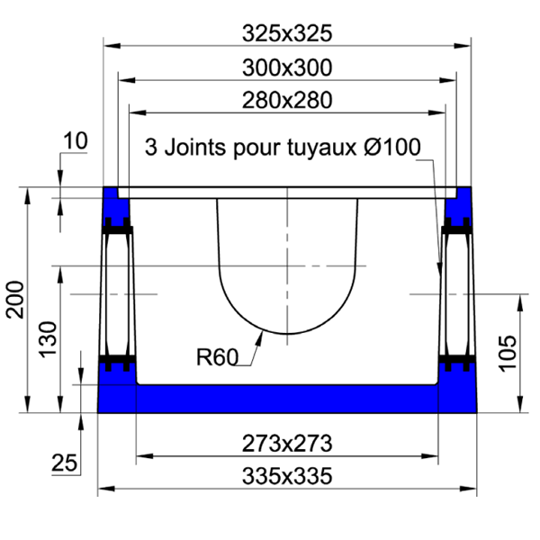 Boîte en béton pour eau pluviale - avec 3 joints souples pour tuyaux Ø 100 mm - dimensions intérieures 25x25 CM