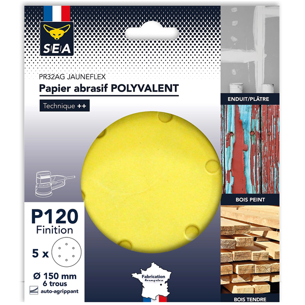 Disque abrasif perforé en corindon SEA pour ponceuse - diamètre 150 mm - 6 trous - grain 120 - lot de 5