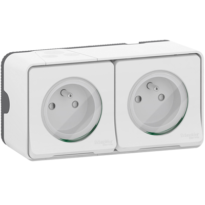 Double prise de courant 2P+T en saillie Schneider Mureva Styl complète - IP55 IK08 - blanc - 16A 250V