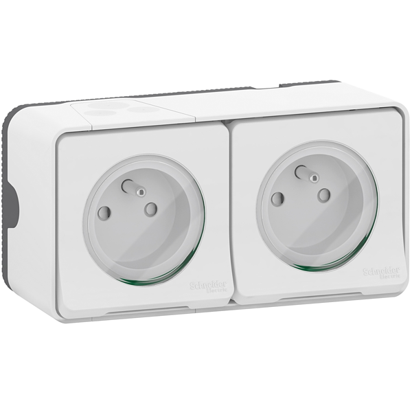 Double prise de courant 2P+T en saillie Schneider Mureva Styl complète - IP55 IK08 - blanc - 16A 250V