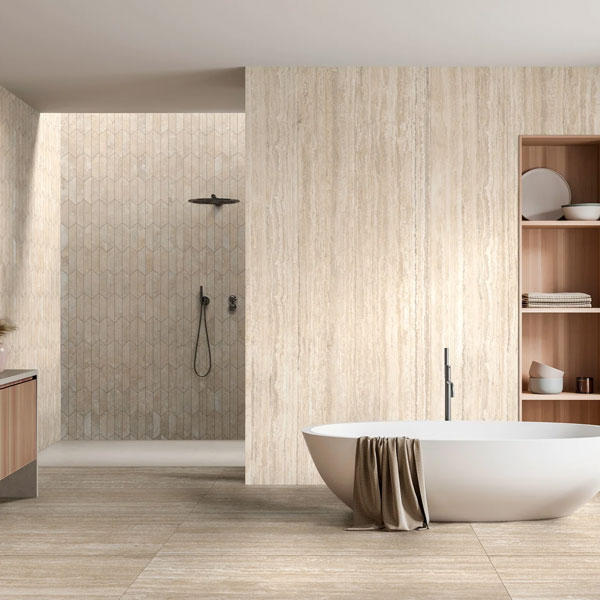 Carrelage grès cérame effet pierre Realstone Travertino Vein Strutturato - 120,0 cm x 60,0 cm - ép. 9,00 mm - Bianco