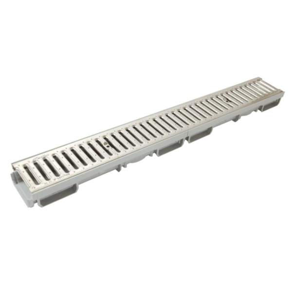 Caniveau bas avec grille inox A15 Nicoll pour collecte des eaux usées - Longueur 1000 mm - PVC et Inox - Gris