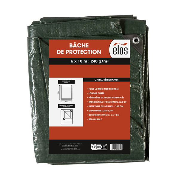 Bâche de protection professionnelle et multi-usages verte - Elos - 240 g/m² avec œillets - 6 MTR x 10 MTR