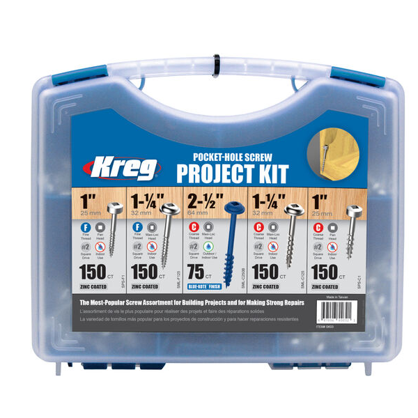 Coffret de vis à trou de poche Kreg SK03-INT avec 675 unités à tête cylindrique de longueur 25 à 64 mm