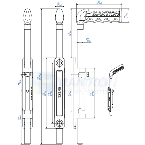 Verrou de sol renforcé et étroit Mantion 1314E avec platine à visser - tige Ø 14 mm - longueur 326 mm