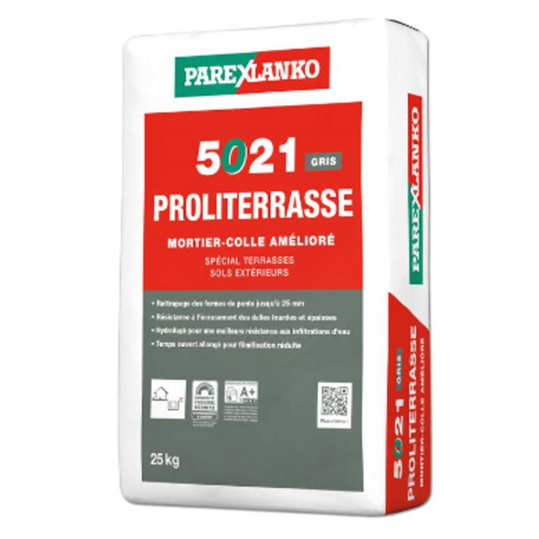 Mortier-colle amélioré pour terrasses/sols extérieurs - 5021 Proliterrasse - Gris - Sac de 25 KG