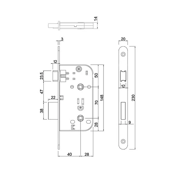 Serrure à encastrer Abus à condamnation pour porte intérieure - axe 40 mm entraxe 70 mm carré 7 mm - noire