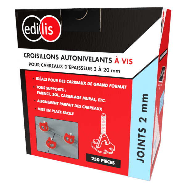 Croisillon autonivelant à vis pour carreaux d'épaisseur 3 à 20 mm - Edilis - joint de 2 MM - Boîte de 250