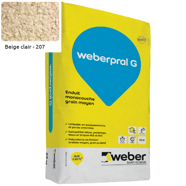 Enduit monocouche lourd et coloré à grain moyen WeberPral G 207 Beige clair - sac de 25 KG