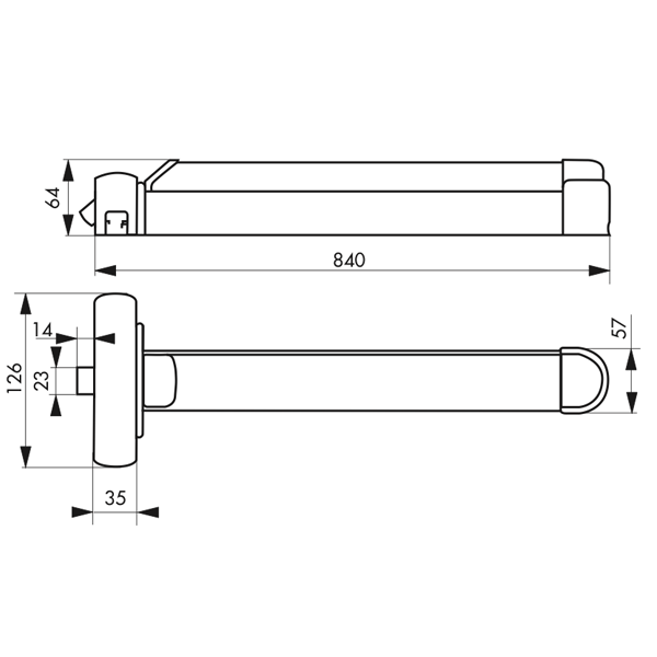 Barre antipanique 1 point Thirard S-Push - CE et coupe feu - réversible - laqué noir - longueur 840 mm