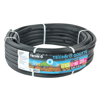 Tuyau goutteurs en ligne incorporés 2 litres d'eau/heure - 13 x 16 mm - Couronne 100 m - Noir