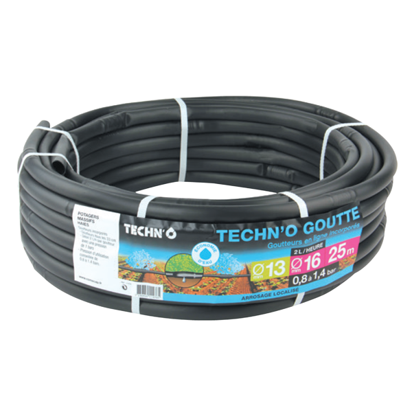 Tuyau goutteurs en ligne incorporés 2 litres d'eau/heure - 13 x 16 mm - Couronne 100 m - Noir